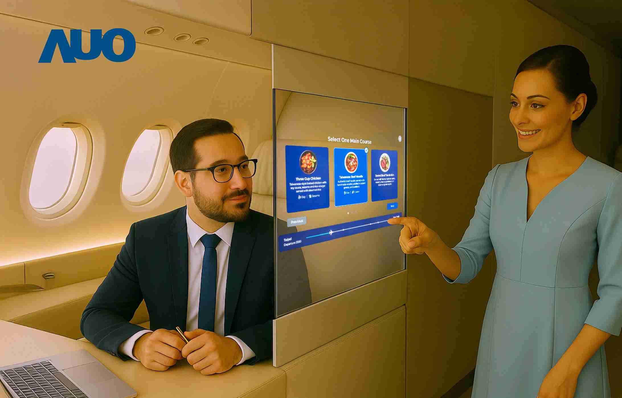 至成国际研发全球最薄17.3 吋双面透明 Micro LED 显示器，，可在同一屏幕之双边投射不同信息，，，创造独特的”透明化”互动；图为实时翻译交流应用情境